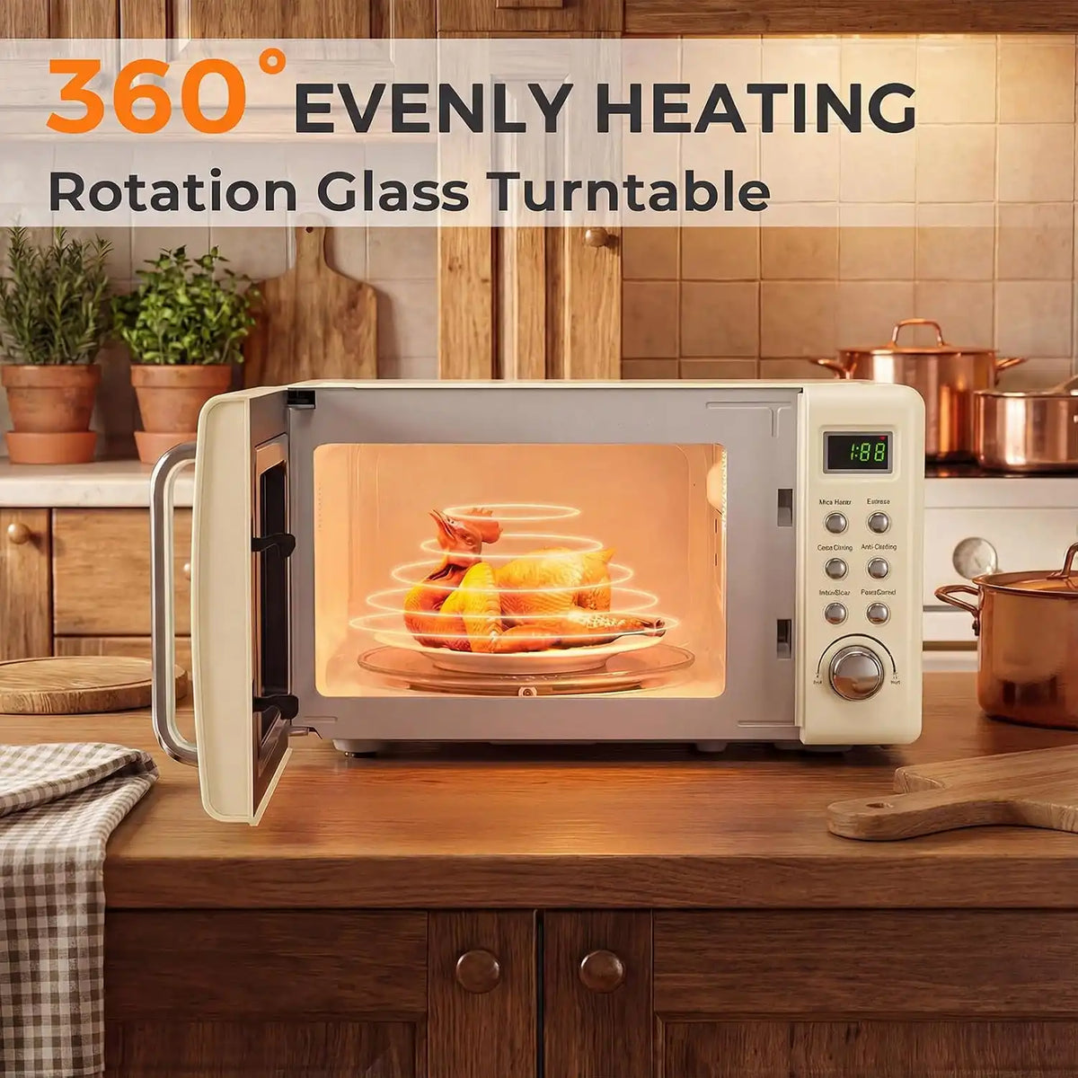 LDAILY 0.7Cu.ft Retro Small Microwave Oven, 700W Compact Countertop Microwave with 5 Power Levels, Auto Cooking Menus, Glass Turntable, Child Lock & Glass Turntable for Apartment, Dorm (Cream White)
