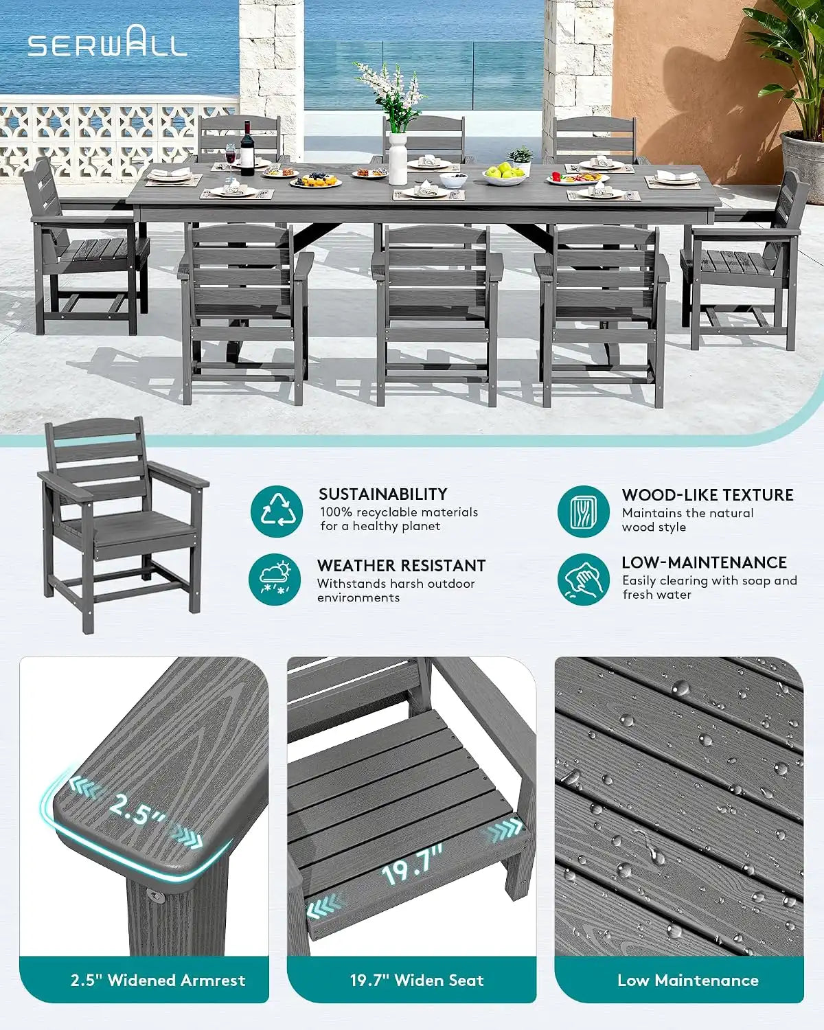 SERWALL 9Pcs 84" HDPE Outdoor Dining Set for 8 with Armchairs,Gray