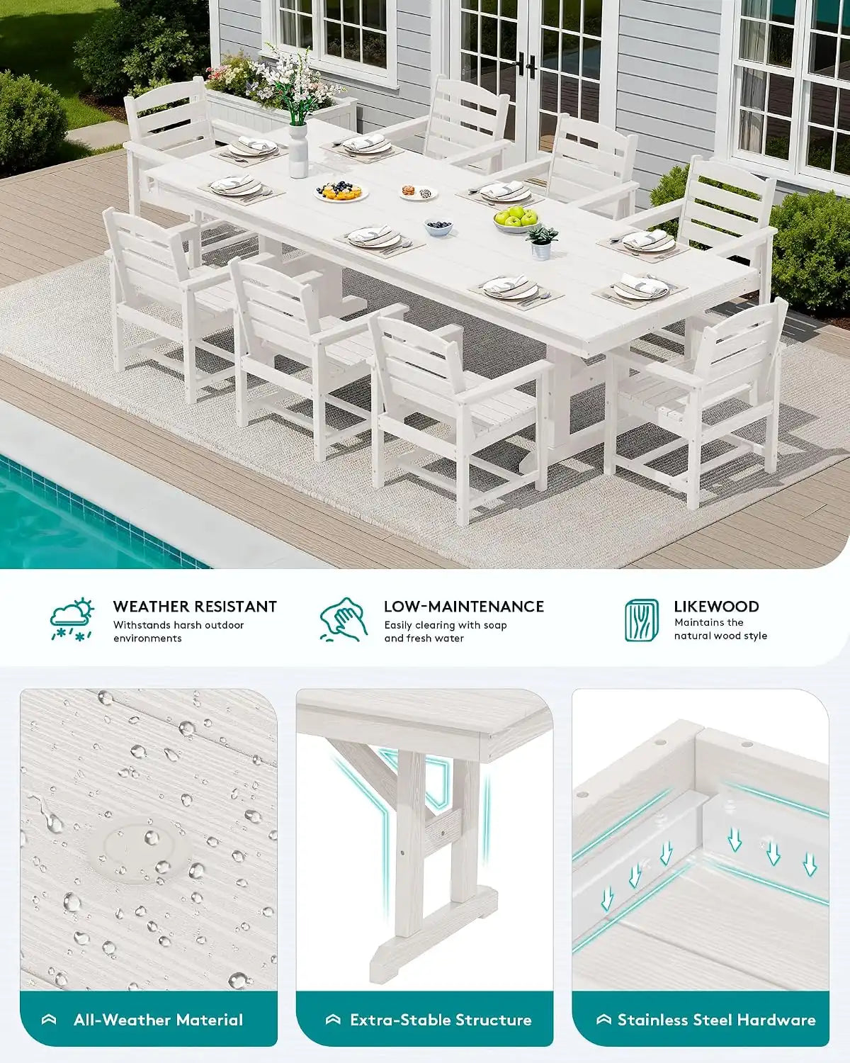 SERWALL 9Pcs 84" HDPE Outdoor Dining Set for 8 with Armchairs,White