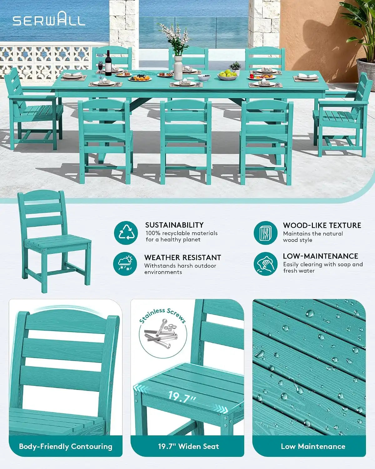 SERWALL 9Pcs HDPE Outdoor Dining Set w/6 Armless, 2 Armchairs for 8, Aruba