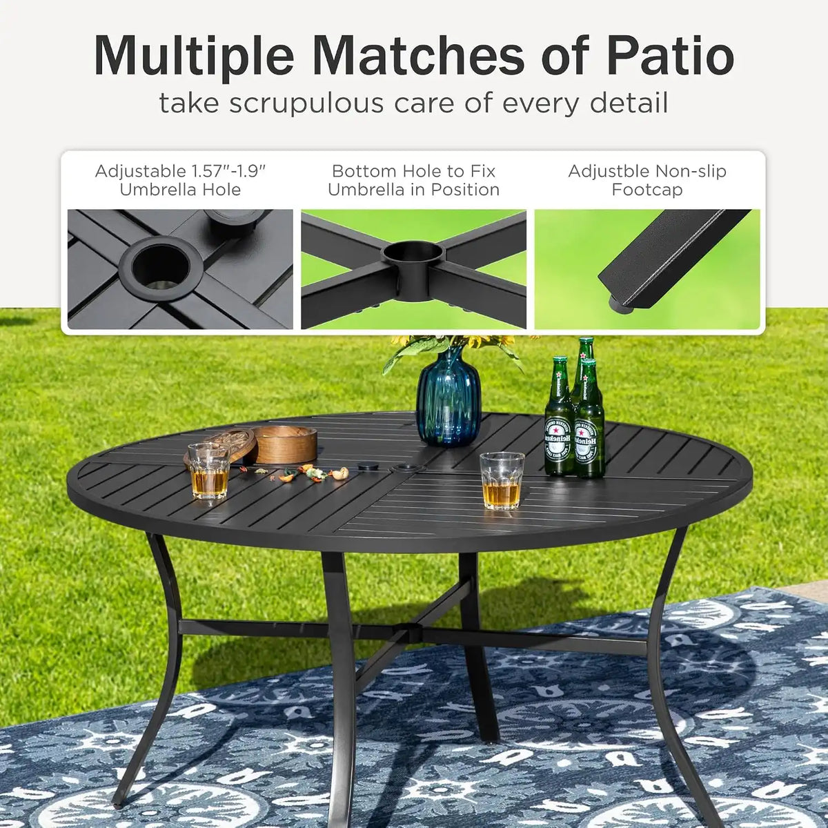 PHI VILLA Patio Dining Set, Swivel Chairs, Round Metal Table