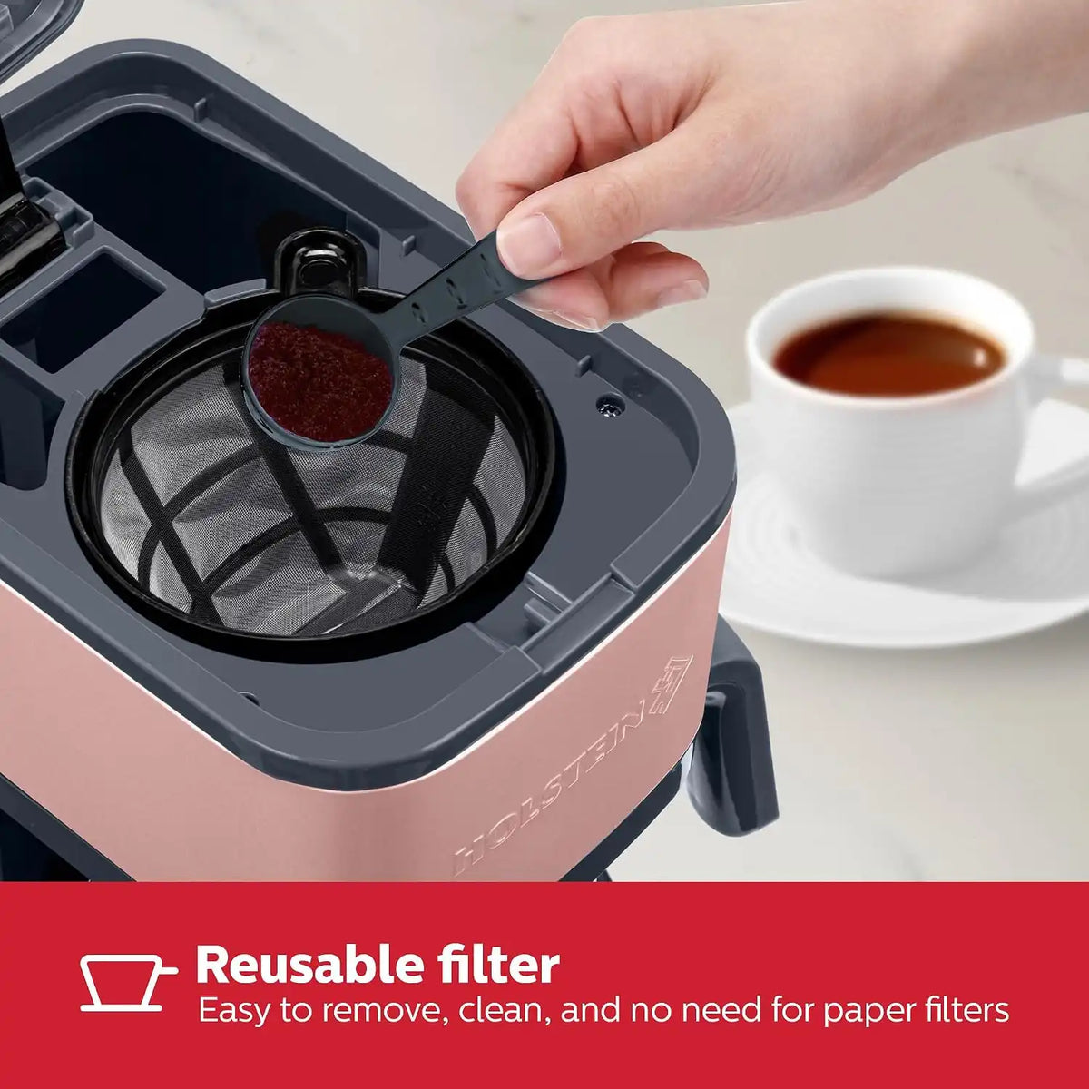 Holstein Housewares 5 Cup Coffee Maker – Compact Drip Coffee Machine with Auto Pause & Serve, Reusable Filter, Glass Carafe, Water Window & Warming Plate. Dark Grey & Rose Gold