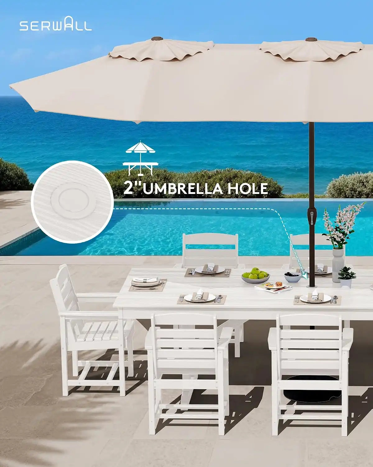 SERWALL 9Pcs HDPE Outdoor Dining Set for 8 with Sling Chairs, White