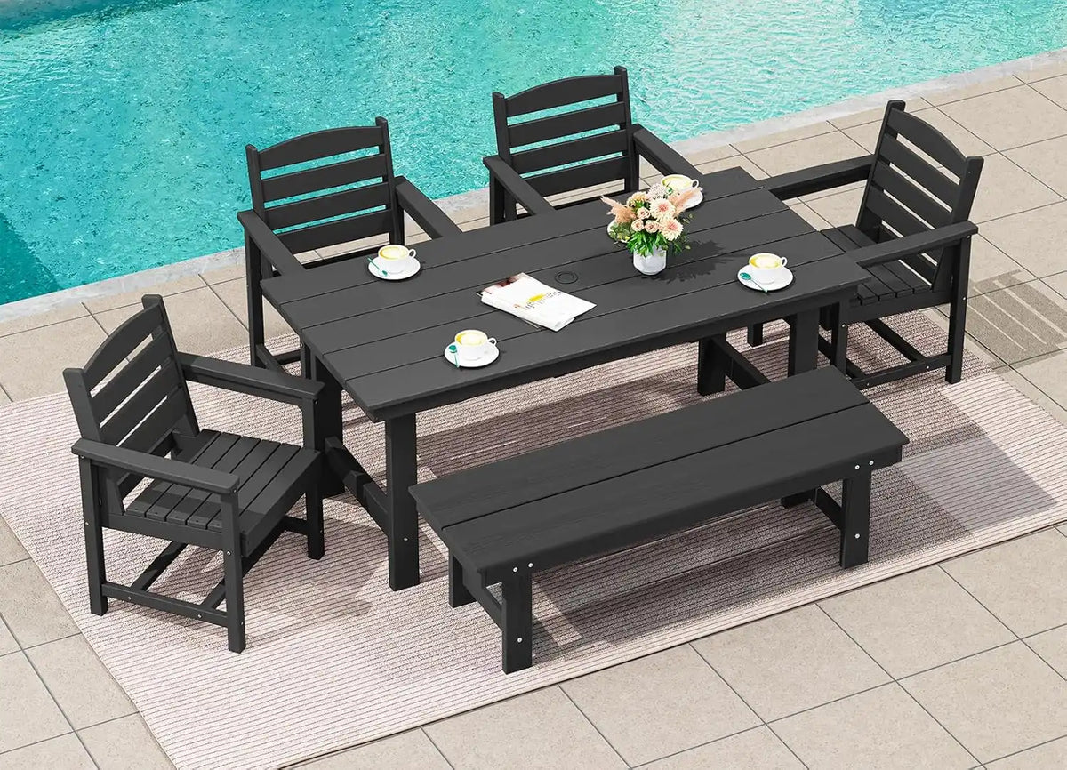 SERWALL Outdoor Dining Set, Patio Dining Set with Bench, Black