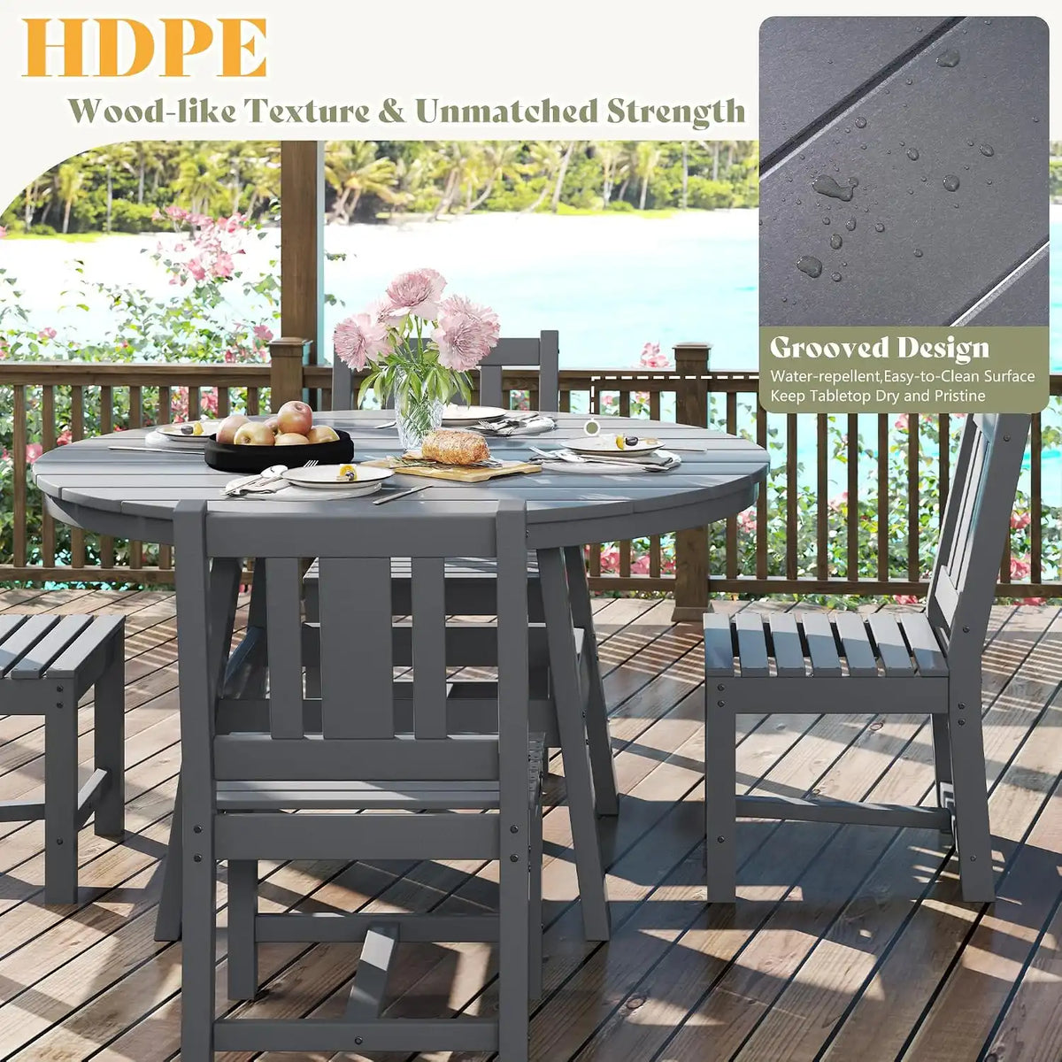 AMERLIFE Outdoor Dining Set for 4, HDPE Round Table and Chairs, Gray
