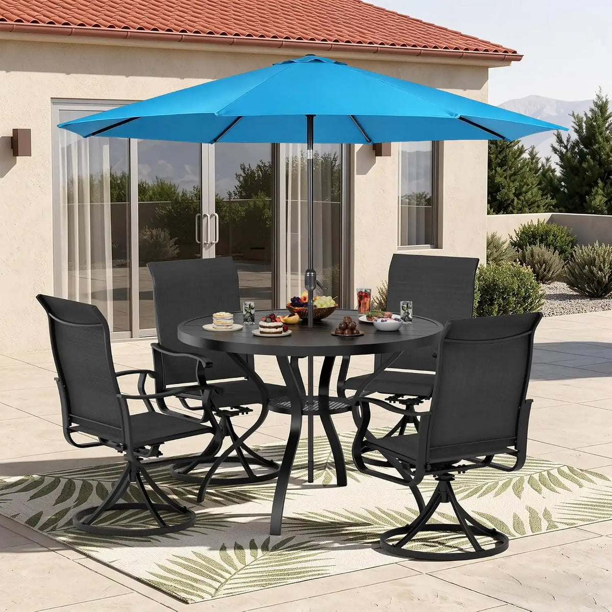 SUNCROWN 6-Piece Outdoor Dining Set, All Weather Patio Furniture Sets with 4 Black Swivel Textilene Mesh Chairs & Round Metal Table & 1 Light Blue 9Ft Umbrella for Deck Garden Backyard Poolside