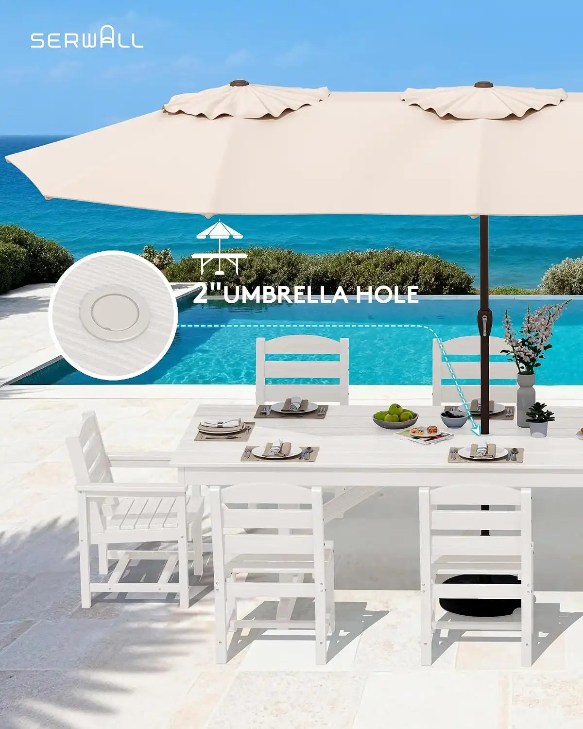 SERWALL 9Pcs HDPE Outdoor Dining Set w/6 Armless, 2 Armchairs for 8,White