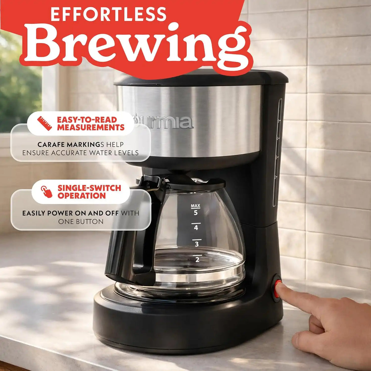 Gourmia Drip Coffee Maker - 5-Cup Capacity, Glass Carafe, Black