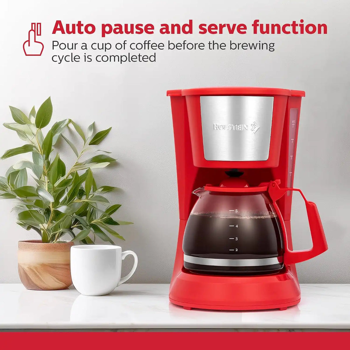 Holstein Housewares - 5 Cup Drip Coffee Maker - Convenient and User Friendly with Permanent Filter, Borosilicate Glass Carafe, Water Level Indicator, Auto Pause/Serve and Keep Warm Functions, Red