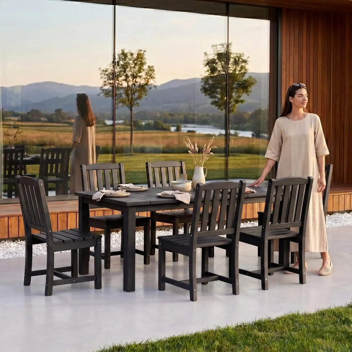 Perli™ 7-Piece Outdoor Dining Set, All-Weather HDPE Patio Table and 6 Chairs with Umbrella Hole, UV-Resistant Composite Wood Dining Furniture for Deck, Backyard, Poolside, Black
