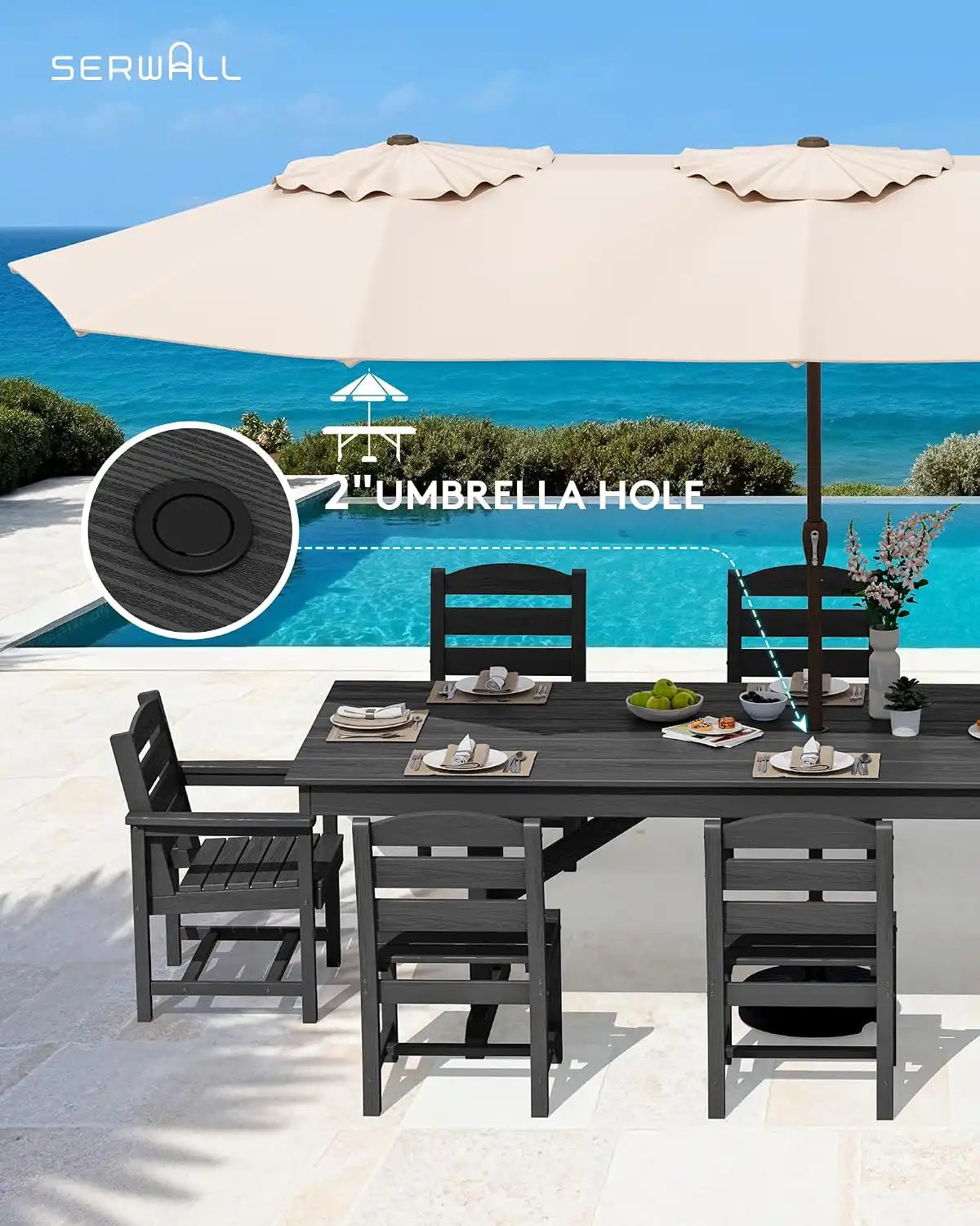 SERWALL 9Pcs HDPE Outdoor Dining Set w/6 Armless, 2 Armchairs for 8,Black