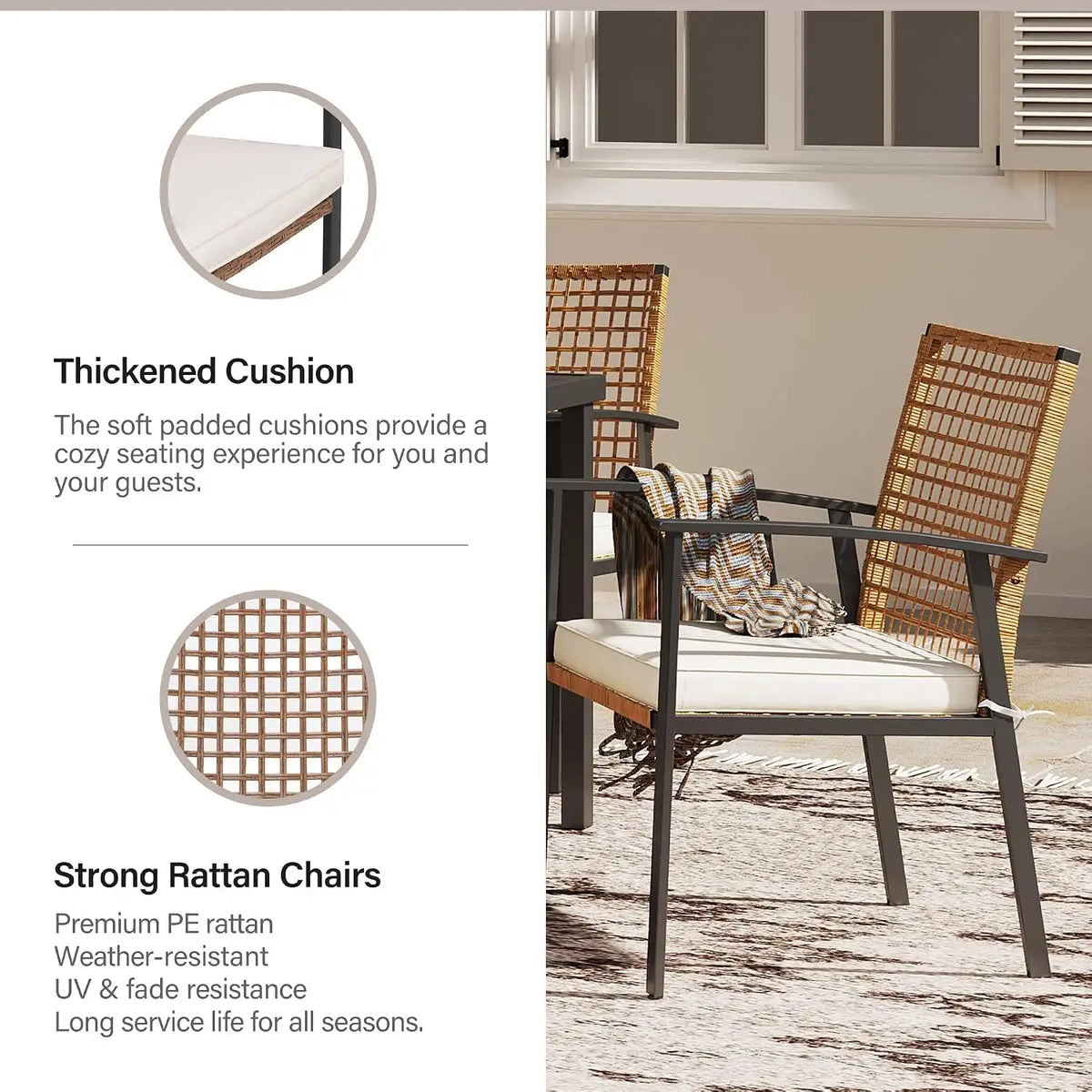 LAUSAINT HOME 5 Pieces Outdoor Patio Dining Set, Wicker Patio Furniture Set of 4 Chairs with Soft Cushion and Square Table with Umbrella Hole, Conversation Set for Backyard, Garden and Poolside