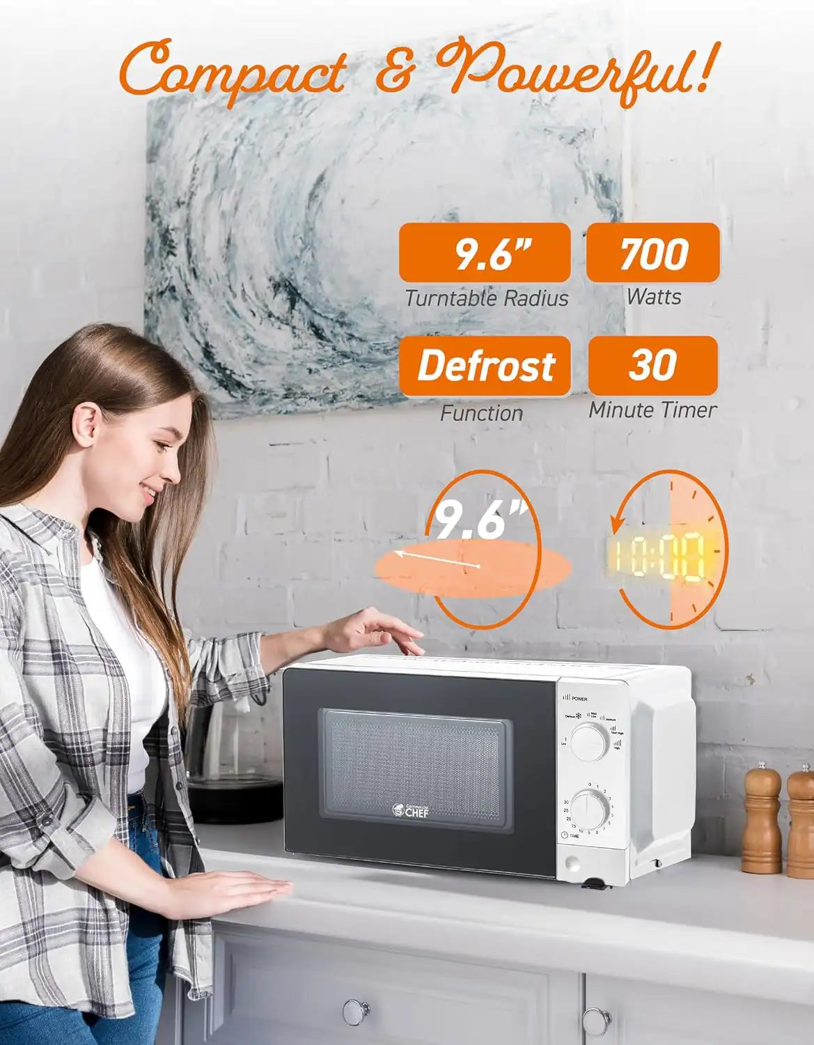 Commercial Chef 0.6 Cu. Ft. Countertop Microwave Oven, Mechanical Dial Controls, 700W, Pull Handle Door, 6 Power Levels, CHM660W, White