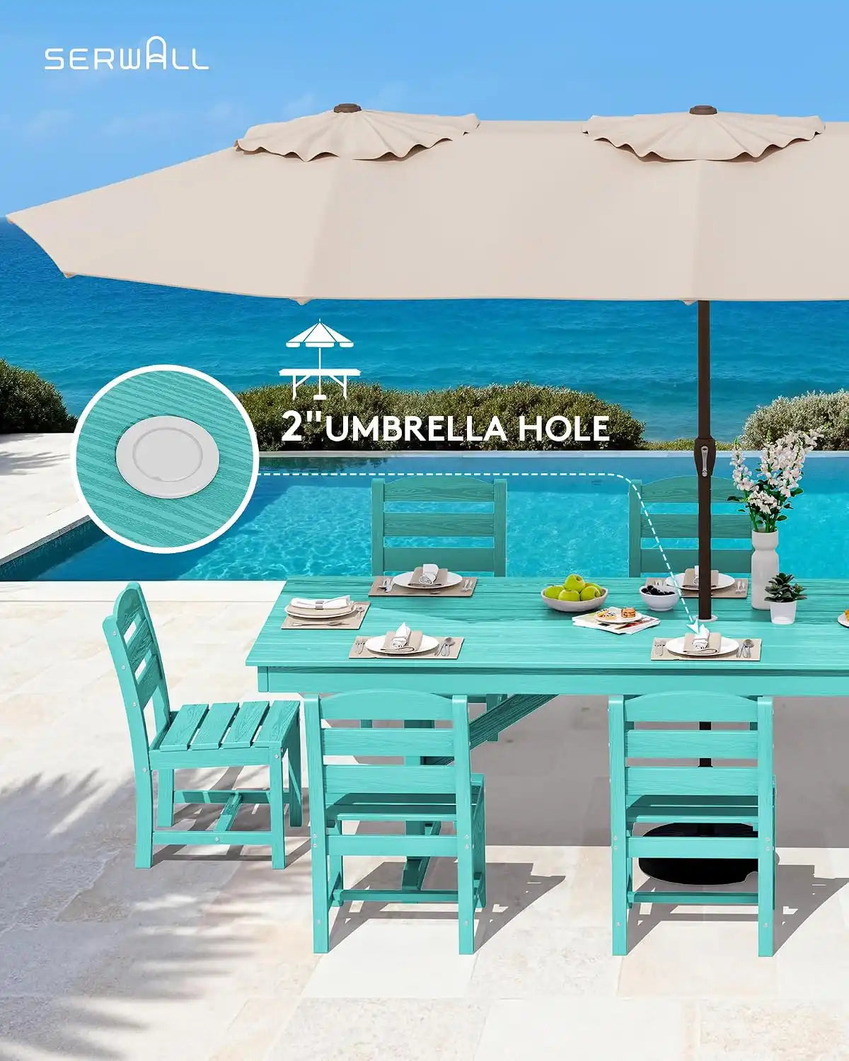 SERWALL 9Pcs 84" HDPE Outdoor Dining Set for 8 with Armless Chairs,Aruba