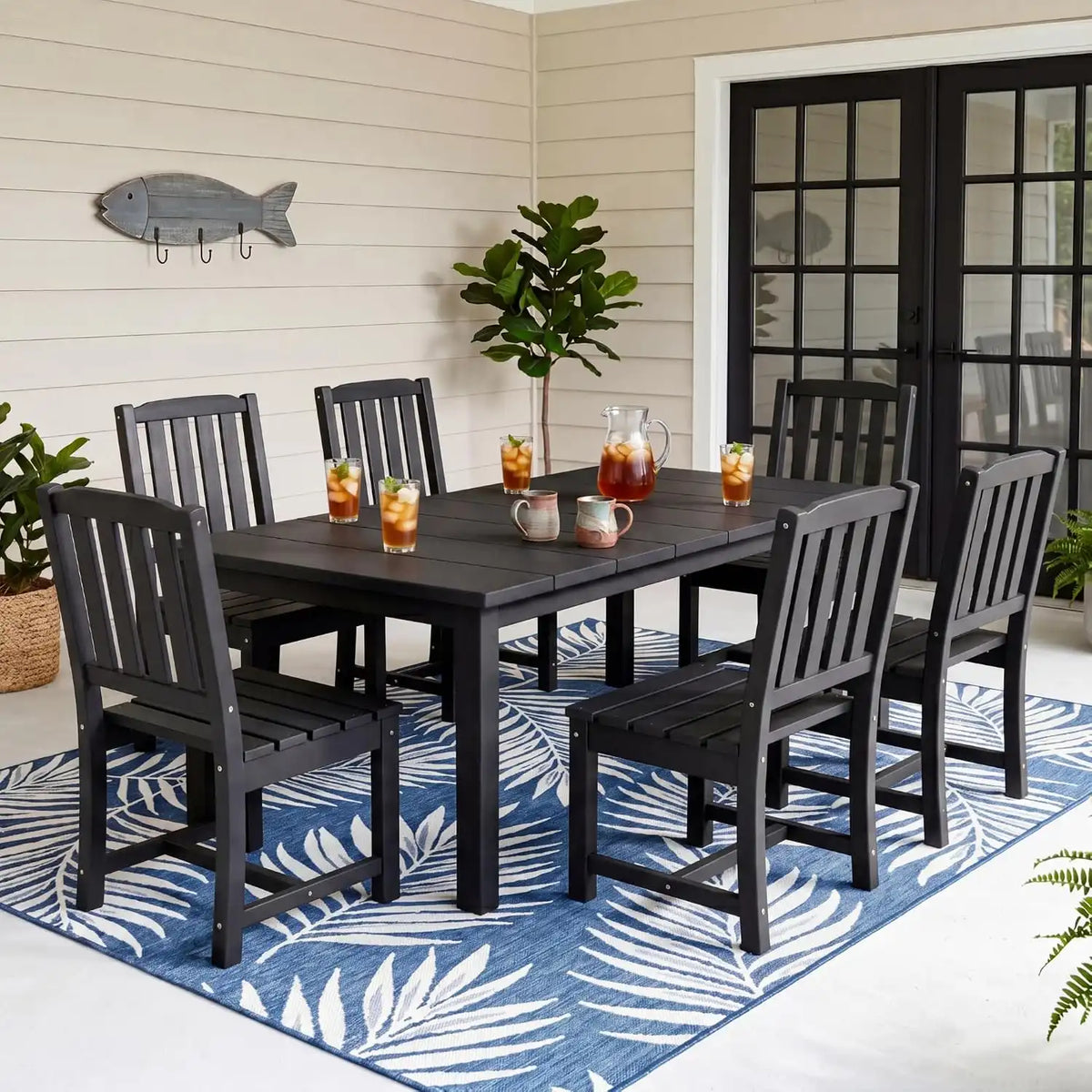 Perli™ 7-Piece Outdoor Dining Set, All-Weather HDPE Patio Table and 6 Chairs with Umbrella Hole, UV-Resistant Composite Wood Dining Furniture for Deck, Backyard, Poolside, Black