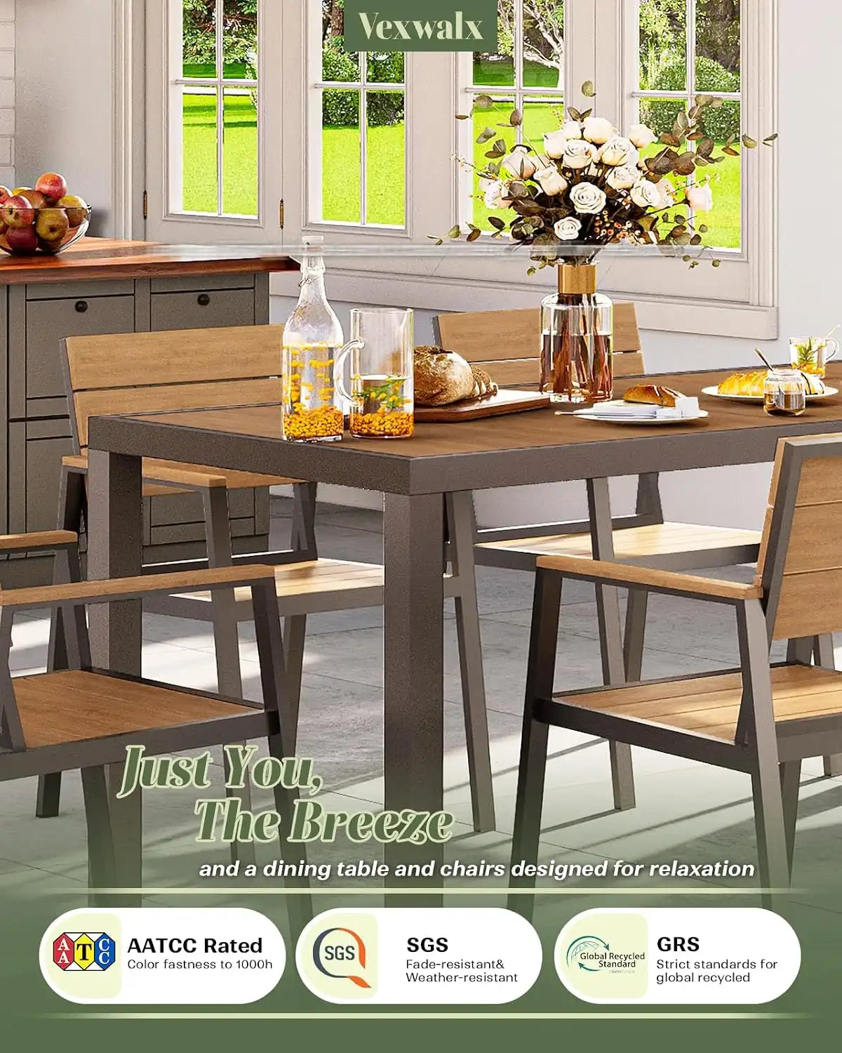 Vexwalx Outdoor Dining Set, Aluminum Dining Table Set for 4, Patio Table and Chairs Set with Umbrella Hole, All Weather HDPS Outdoor Table and Chairs for 4 (5-Piece, Gray-Teak)