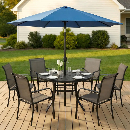 SUNCROWN 8 - Piece Outdoor Dining Set, Patio Furniture Set with 6 Textilene Dinning Chairs, 53" Metal Round Table and 1 Dark Blue 9Ft Patio Umbrella for Lawn Garden Backyard Deck, Brown