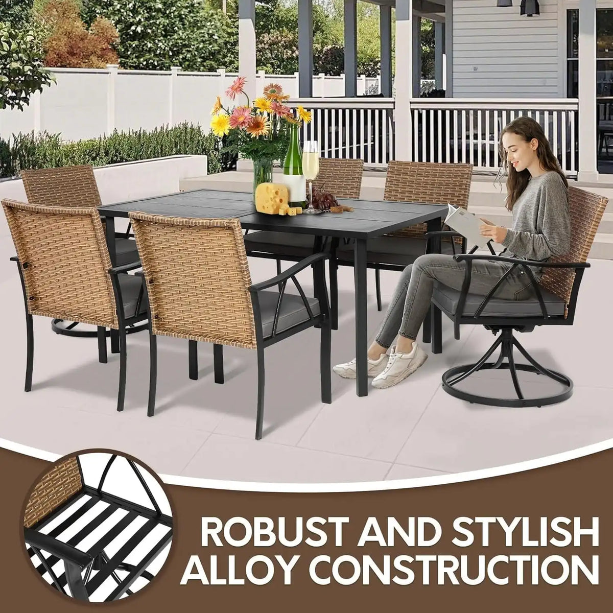 7-Piece Patio Dining Set for 6, Outdoor Dining Set with Wicker Swivel Patio Dining Chairs with Cushions & Black Rectangular Woodgrain Dining Table with 1.75”Umbrella Hole, Black & Brown