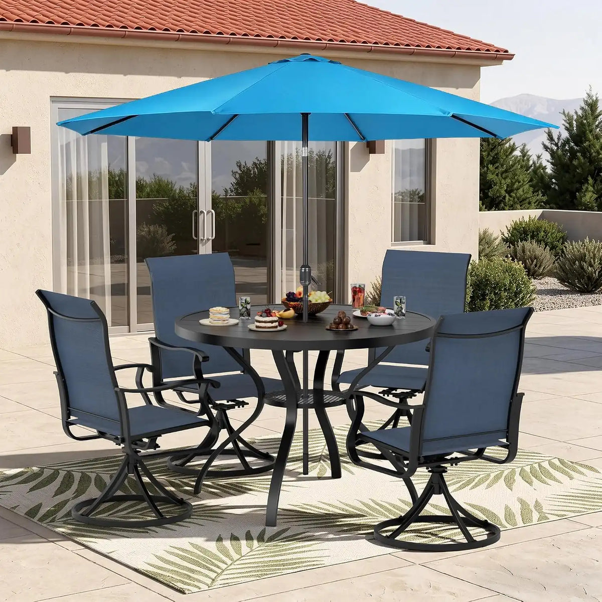 SUNCROWN 6-Piece Outdoor Dining Set, All Weather Patio Furniture Sets with 4 Dark Blue Swivel Textilene Mesh Chairs & Round Metal Table & 1 Light Blue 9Ft Umbrella for Deck Garden Backyard Poolside