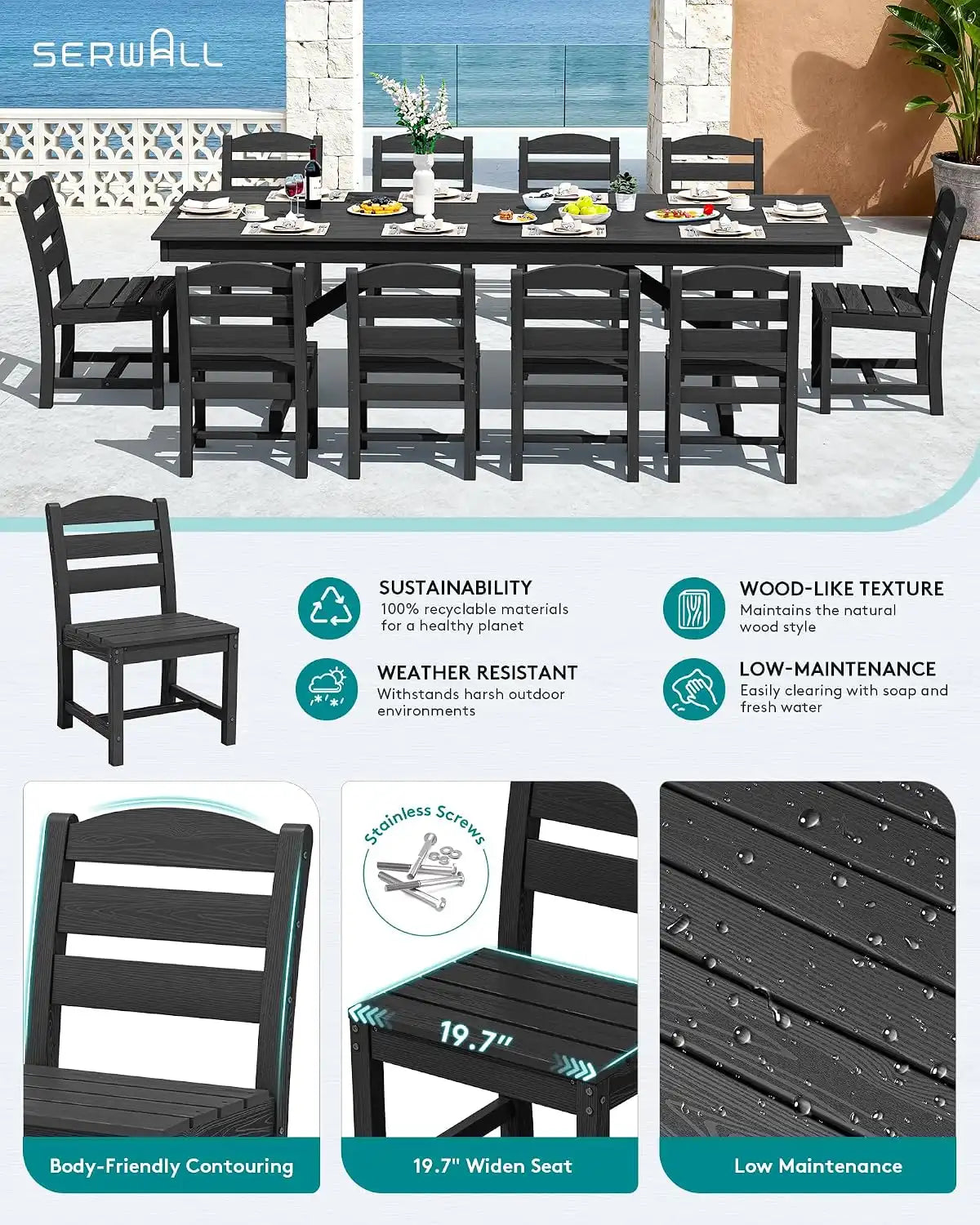 SERWALL Patio HDPE Armless Dining Chairs Set of 2, Black