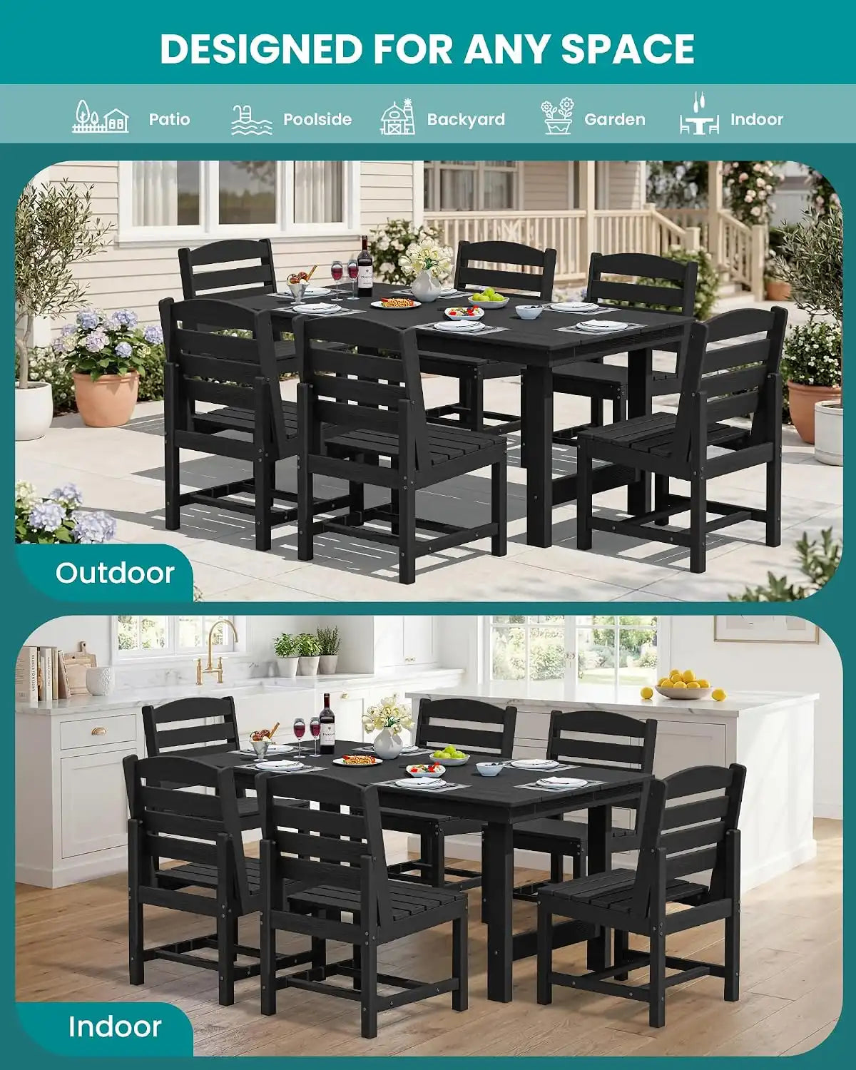 SERWALL HDPE Outdoor Dining Furniture, Outdoor Dining Set for 10, Black