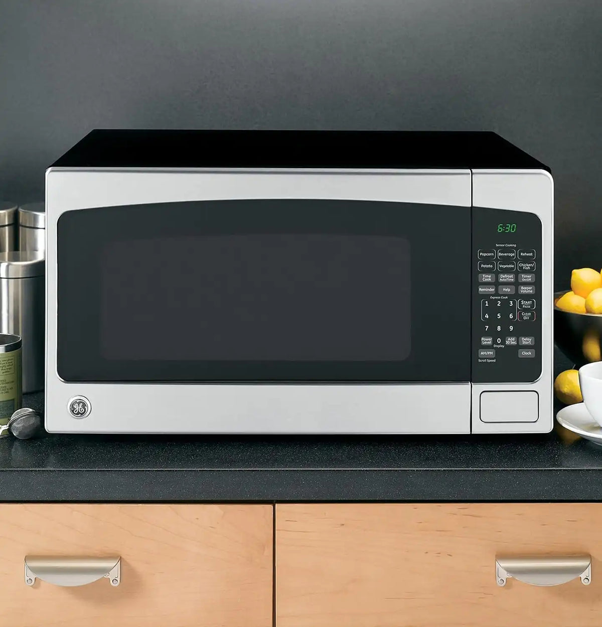GE Countertop Microwave Oven,1, 200-watt Capacity, 2.0 Cubic Ft., 8 Auto Setting Cooking Settings, Child-Lock Technology, Kitchen Essentials for the Countertop, Dorm Room or Apartment, Stainless Steel