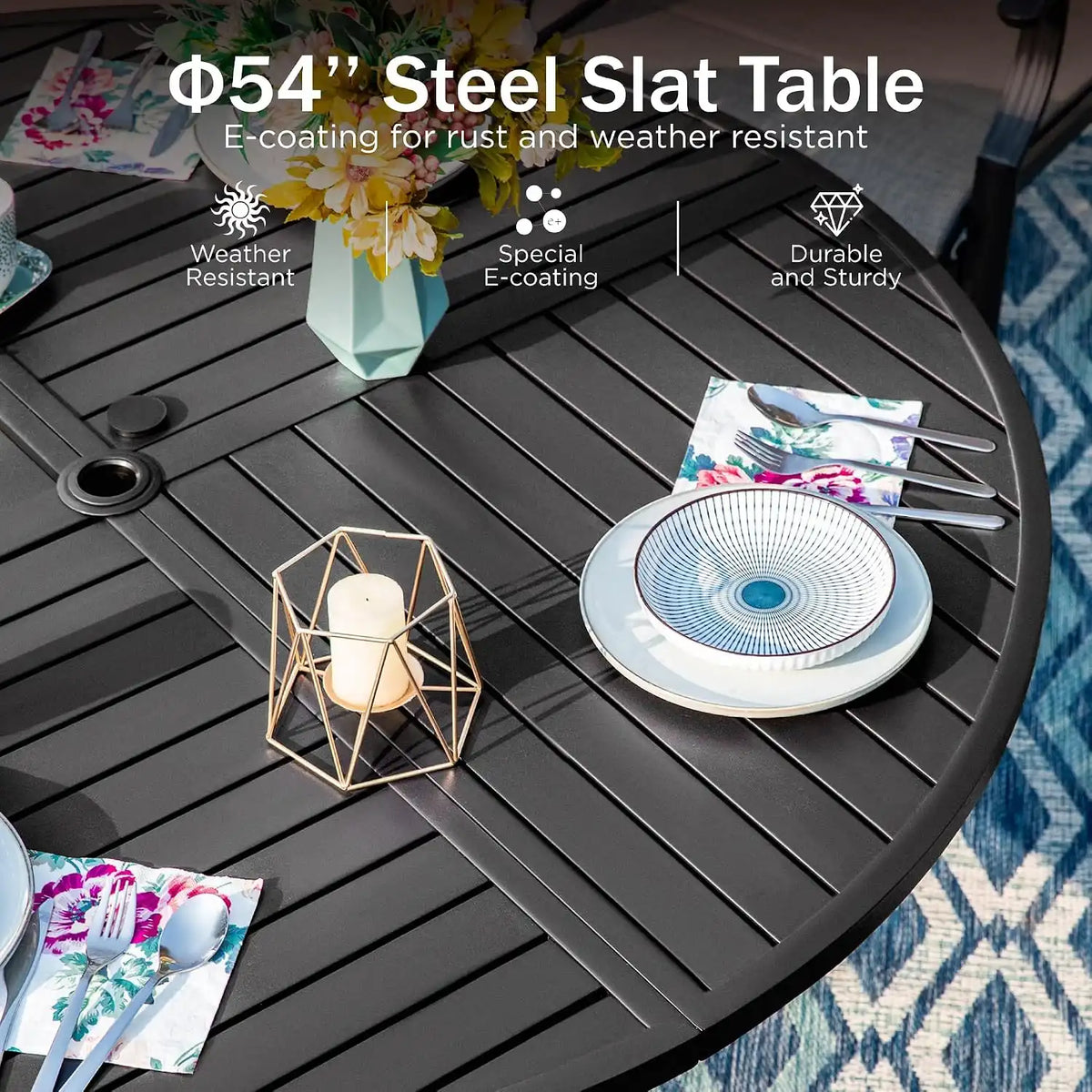 PHI VILLA Patio Dining Set, Round Metal Table