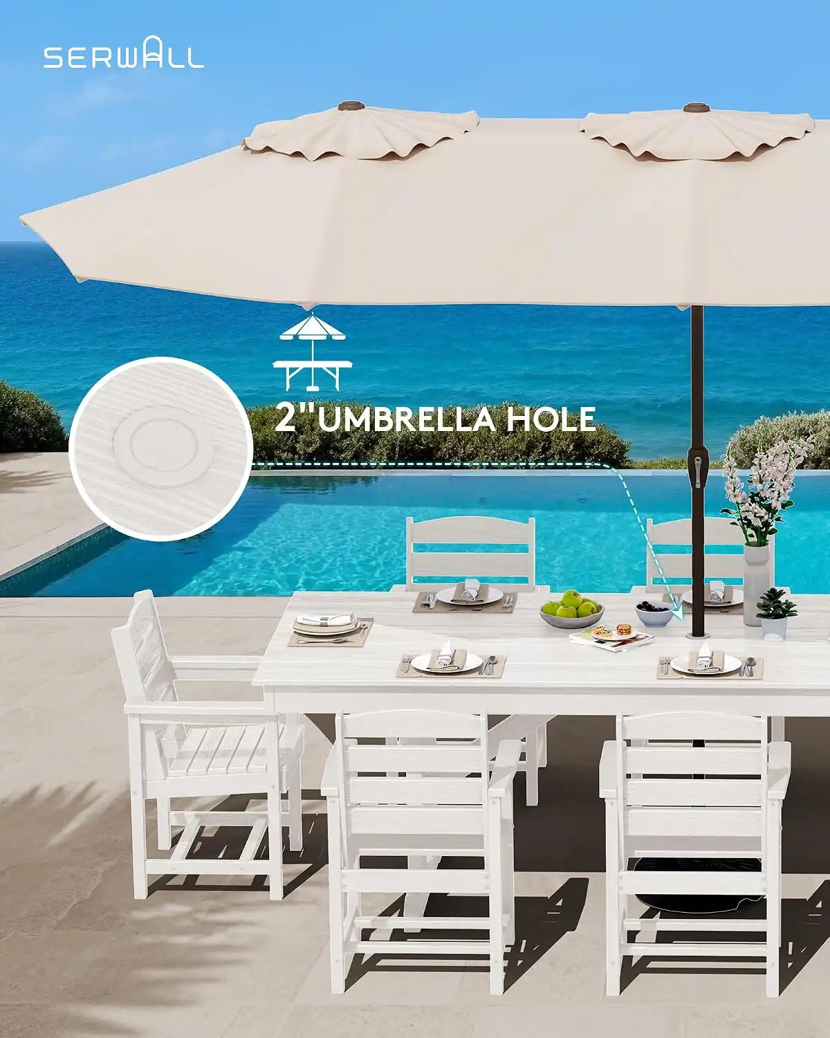 SERWALL 9Pcs 84" HDPE Outdoor Dining Set for 8 with Armchairs,White