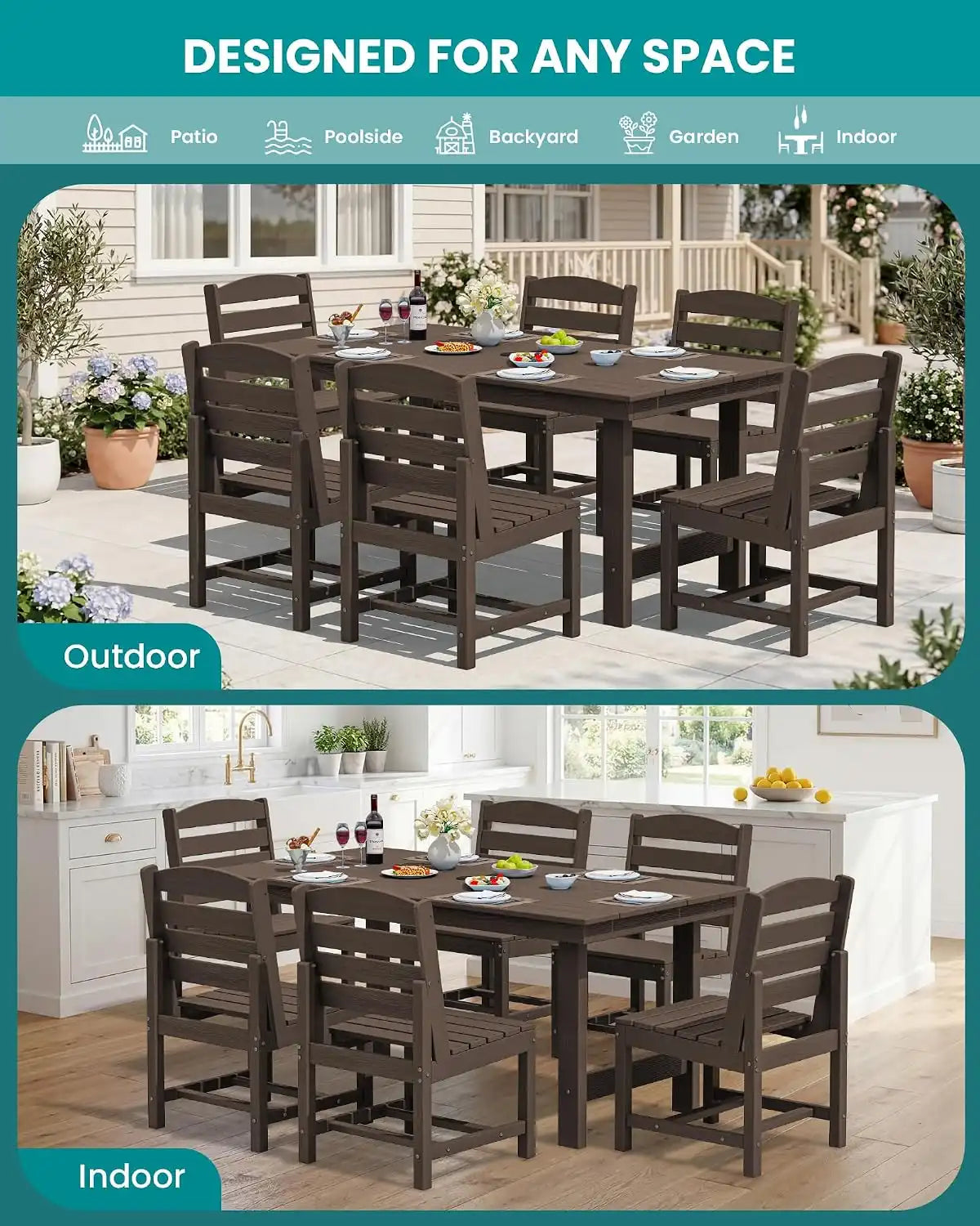 SERWALL HDPE Outdoor Dining Furniture, Outdoor Dining Set for 10, Coffee