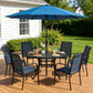 SUNCROWN 8 - Piece Outdoor Dining Set, Patio Furniture Set with 6 Textilene Dinning Chairs, 53" Metal Round Table and 1 Sky Blue 9Ft Patio Umbrella for Lawn Garden Backyard Deck, Blue
