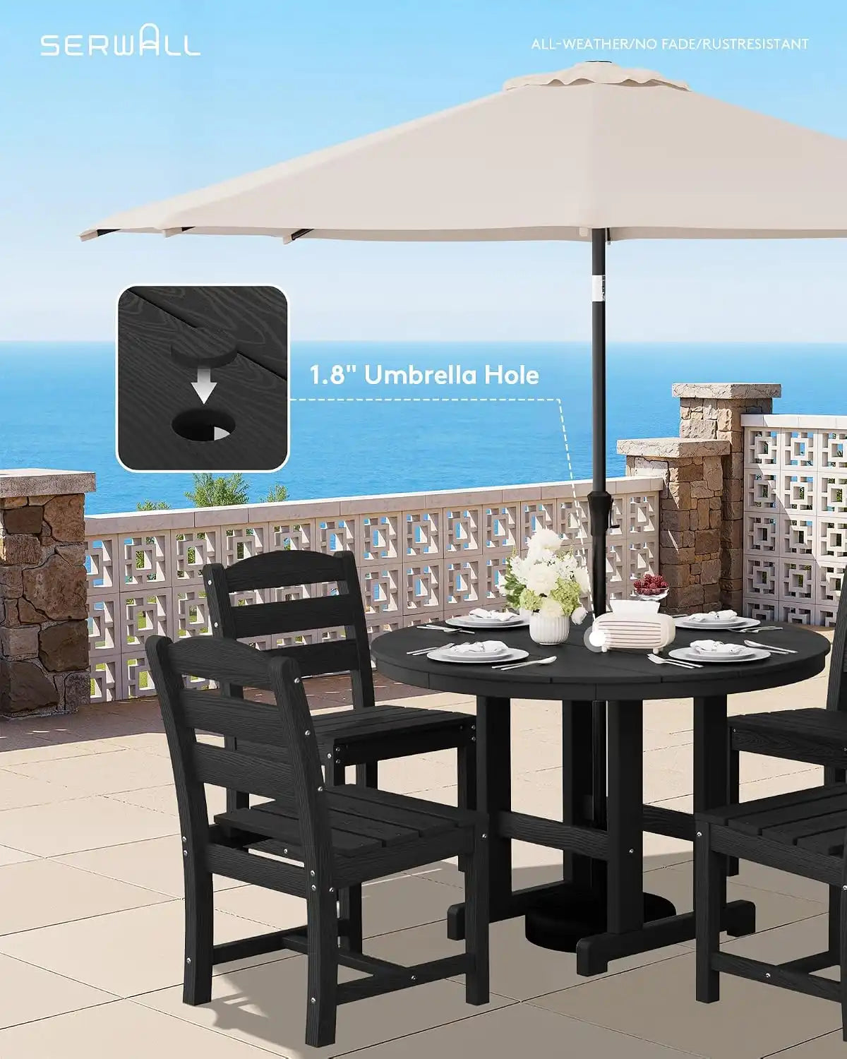 SERWALL 5-Piece Patio Dining Set, 45" Table & 4 Armless Chairs, Black