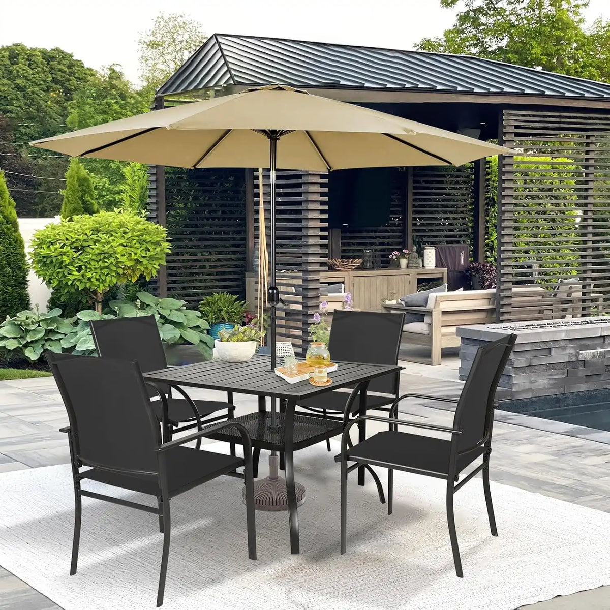 SUNCROWN 6 - Piece Outdoor Dining Set, Patio Furniture Set with 4 Textilene Dinning Chairs, 1 Steel Slat Metal Bistro Table and 1 Brown 9Ft Patio Umbrella for Lawn Garden Backyard Deck, Black
