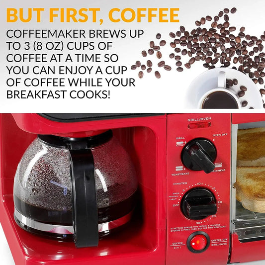 Nostalgia 3-in-1 Breakfast Station - Includes Coffee Maker, Non-Stick Griddle, and 4-Slice Toaster Oven - Versatile Breakfast Maker with Timer - Red