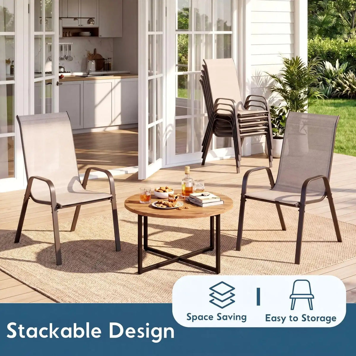Arlopu 5 Pieces Outdoor Patio Dining Set, Glass Table and Textilene Chair