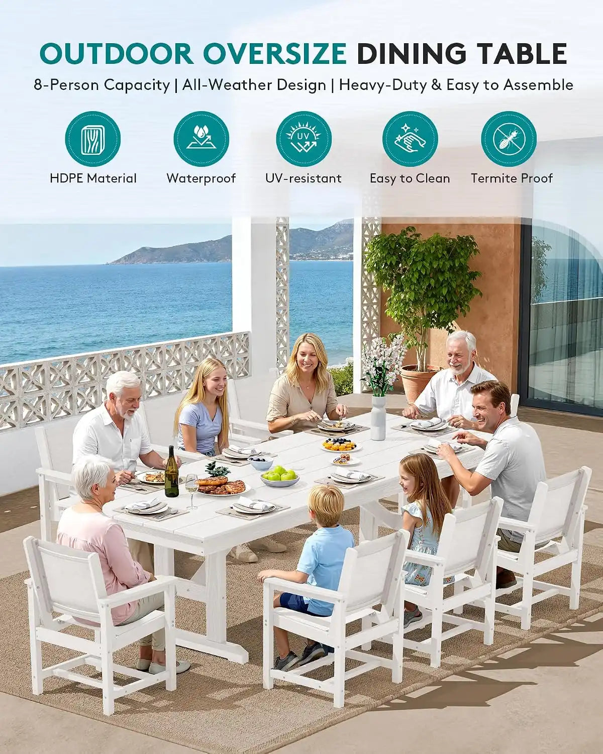 SERWALL 9Pcs HDPE Outdoor Dining Set for 8 with Sling Chairs, White
