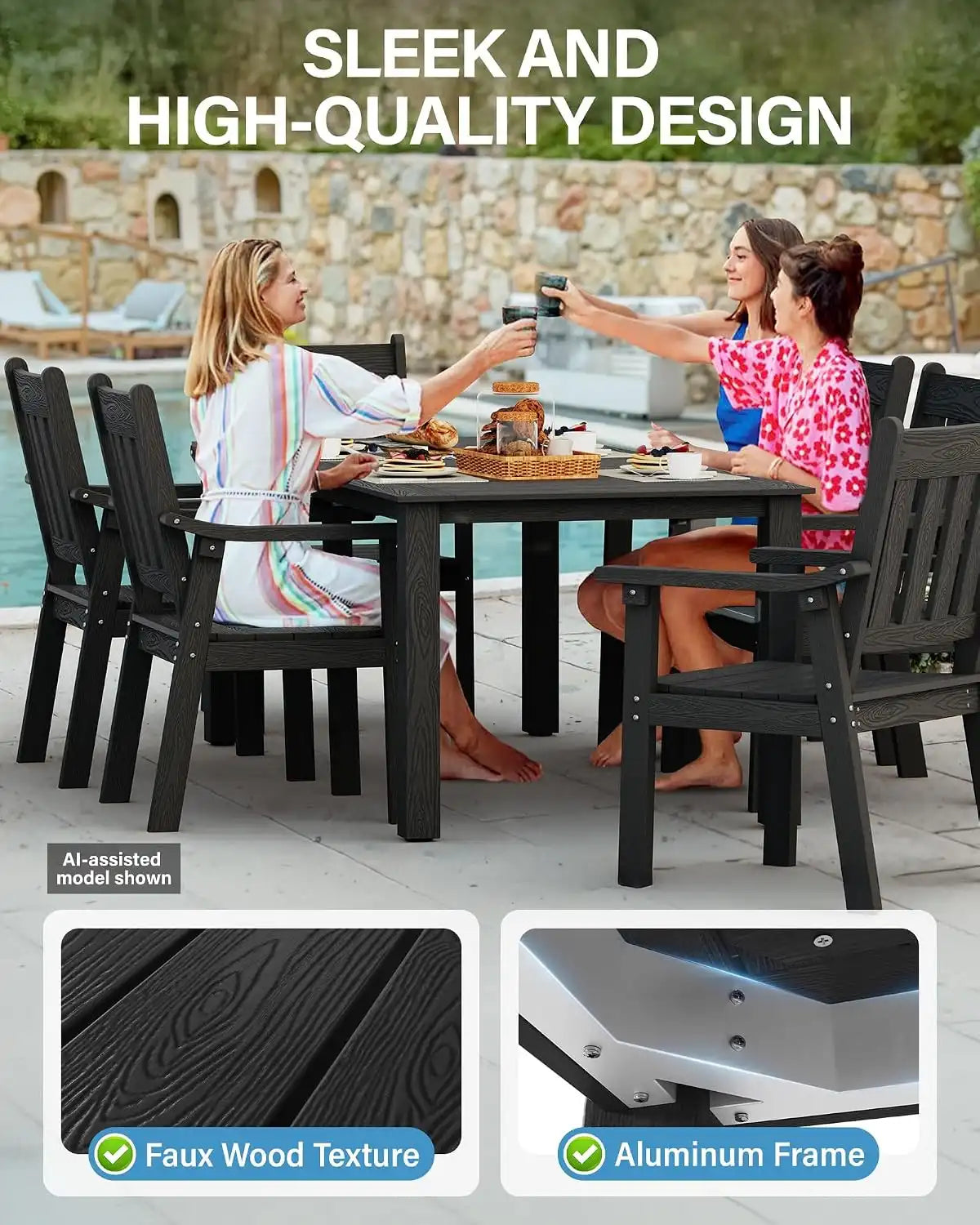 YEFU 7-Piece Patio Table Set, All-Weather HIPS, Aluminum Frame, Black