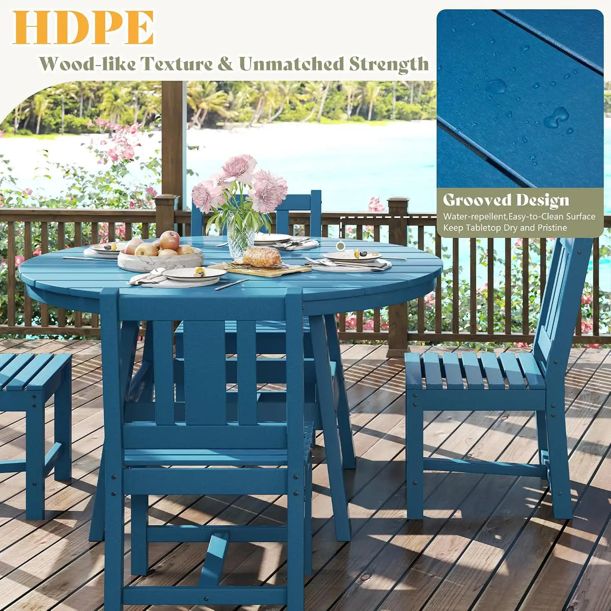 AMERLIFE Outdoor Dining Set for 4, HDPE Round Table and Chairs, Blue