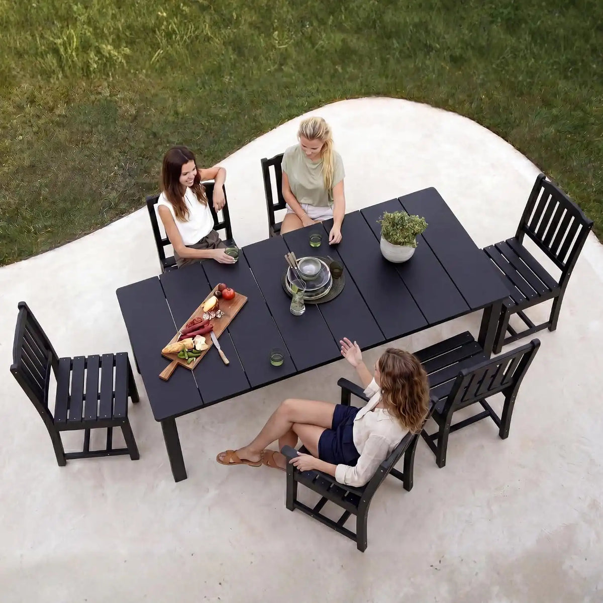Perli™ 7-Piece Outdoor Dining Set, All-Weather HDPE Patio Table and 6 Chairs with Umbrella Hole, UV-Resistant Composite Wood Dining Furniture for Deck, Backyard, Poolside, Black