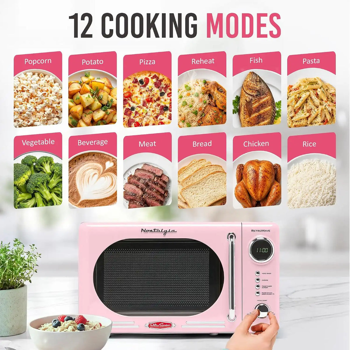 Nostalgia Countertop Microwave Oven with Easy Clean Interior - Retro Microwave with LED Display & Child Lock- Compact 0.7 Cu. Ft. Oven With 12 Pre-Programmed Settings for Quick Cooking- 700-Watts-Pink