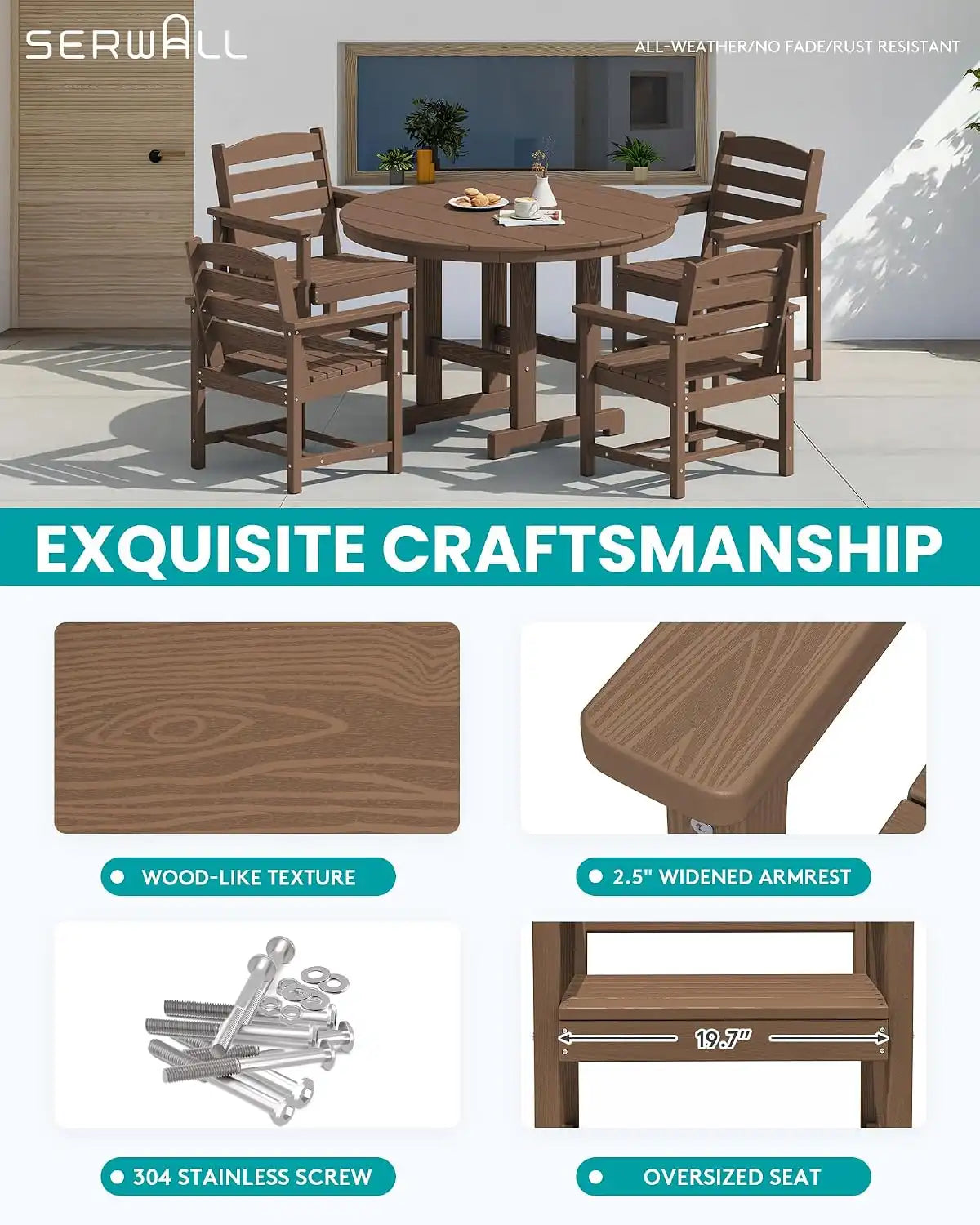 SERWALL 5-Piece HDPE Round Dining Set, 45" Table, 4 Chairs, Brown
