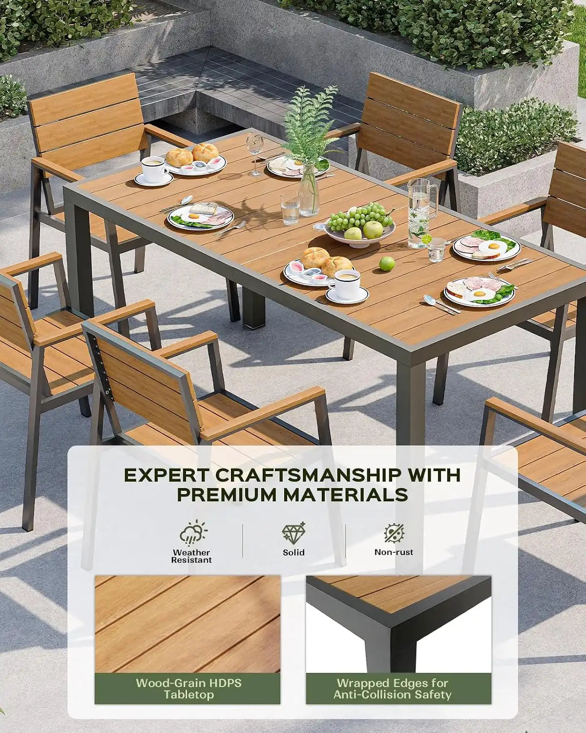 Vexwalx Outdoor Dining Set, Aluminum Dining Table Set for 6, Patio Table and Chairs Set with Umbrella Hole, All Weather HDPS Outdoor Table and Chairs for 6 (7-Piece, Gray-Teak)