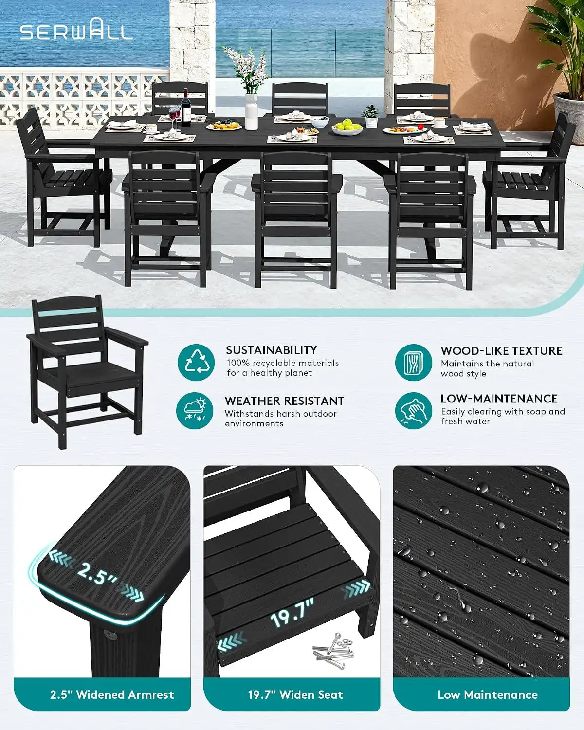 SERWALL Patio HDPE Dining Chairs Set of 2 with Arms, Black