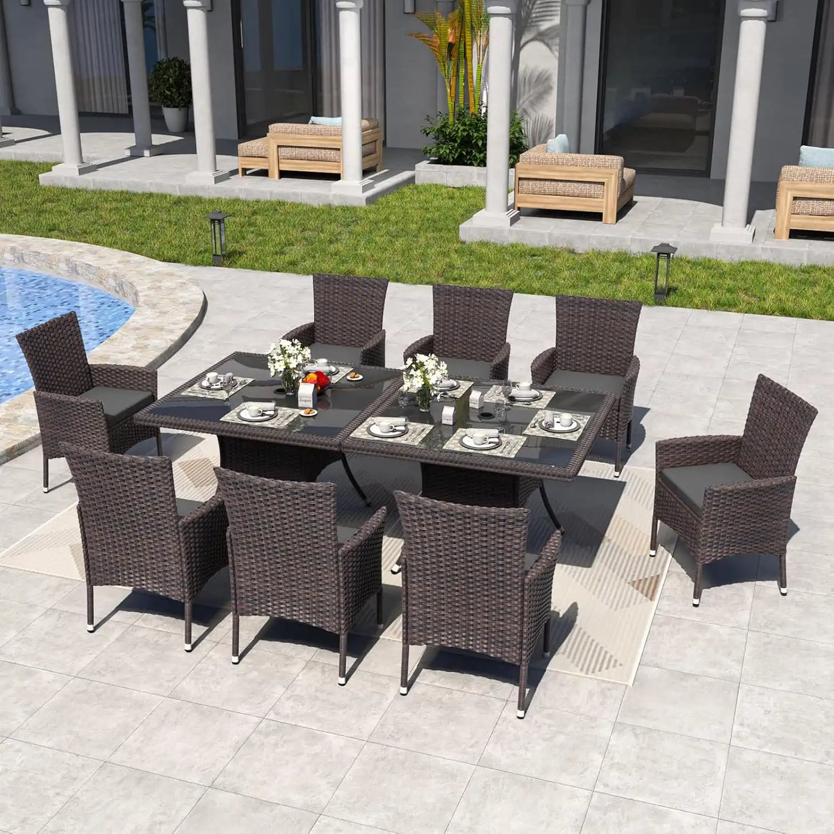 ALAULM 10 Piece Patio Dining Set All-Weather Wicker Outdoor Patio Furniture Set w/Tempered Glass Tabletop, Removable Cushions and Umbrella Hole for Patio, Backyard, Garden, Poolside (Grey)
