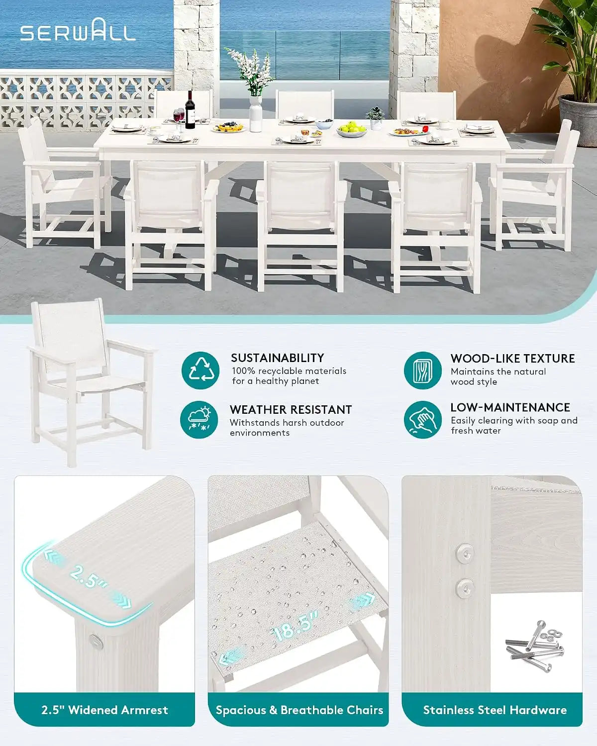 SERWALL 9Pcs HDPE Outdoor Dining Set for 8 with Sling Chairs, White