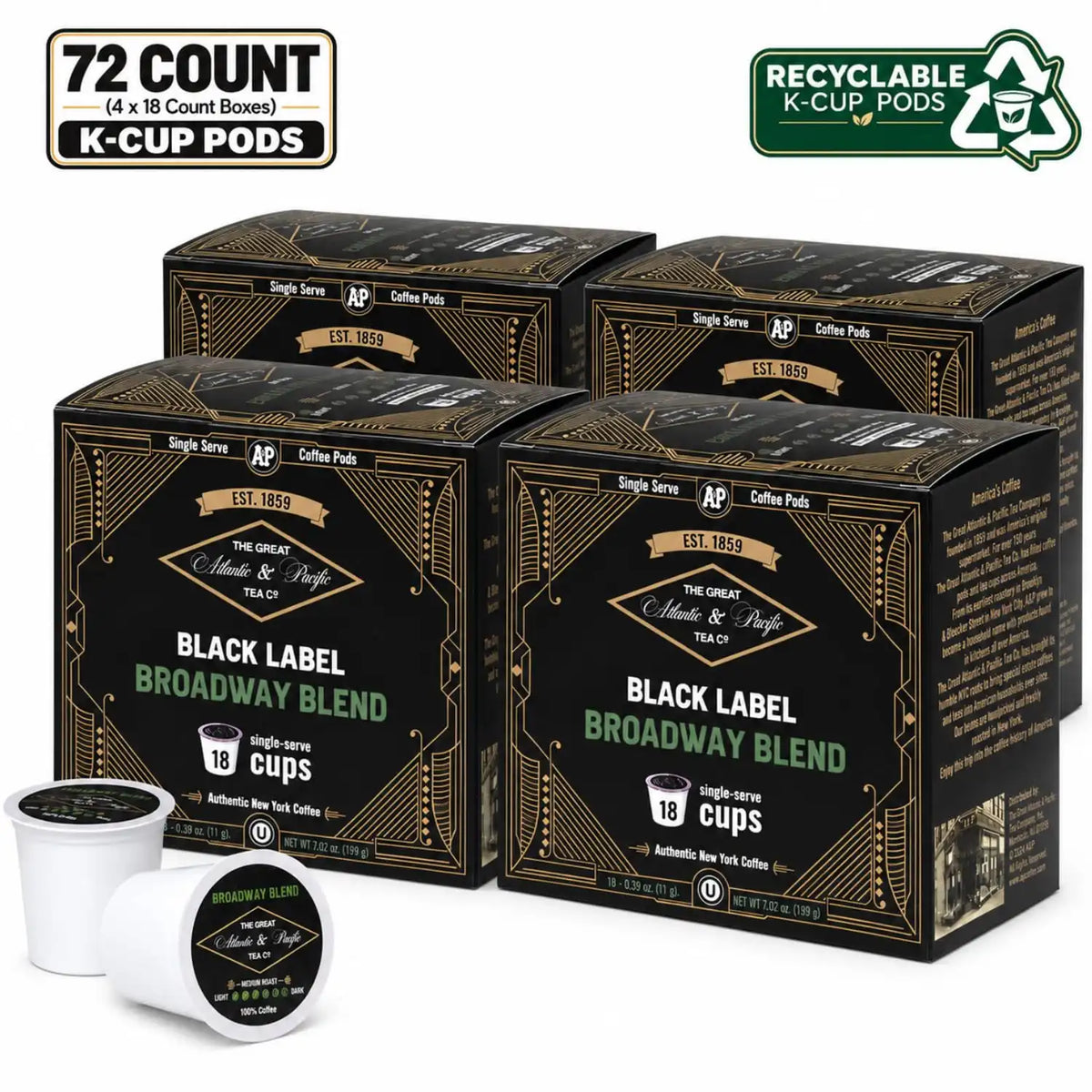 A&P Broadway Blend Medium Roast Coffee Pods, 100% Arabica, 72 Count