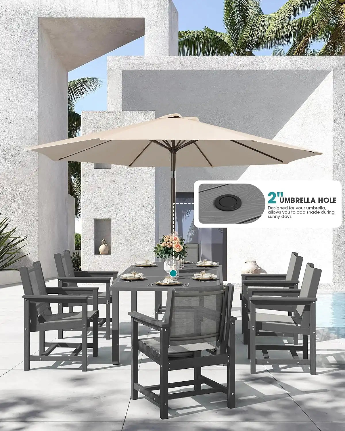 SERWALL HDPE Outdoor Dining Set for 8 with Textilene Chairs, Grey