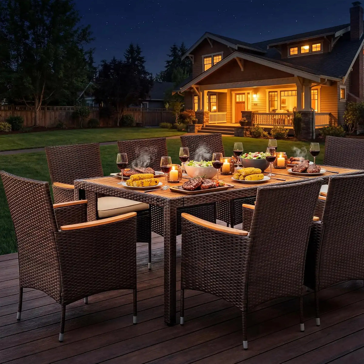 Devoko 9 PCS Acacia Wood Patio Dining Set, Brown Rattan