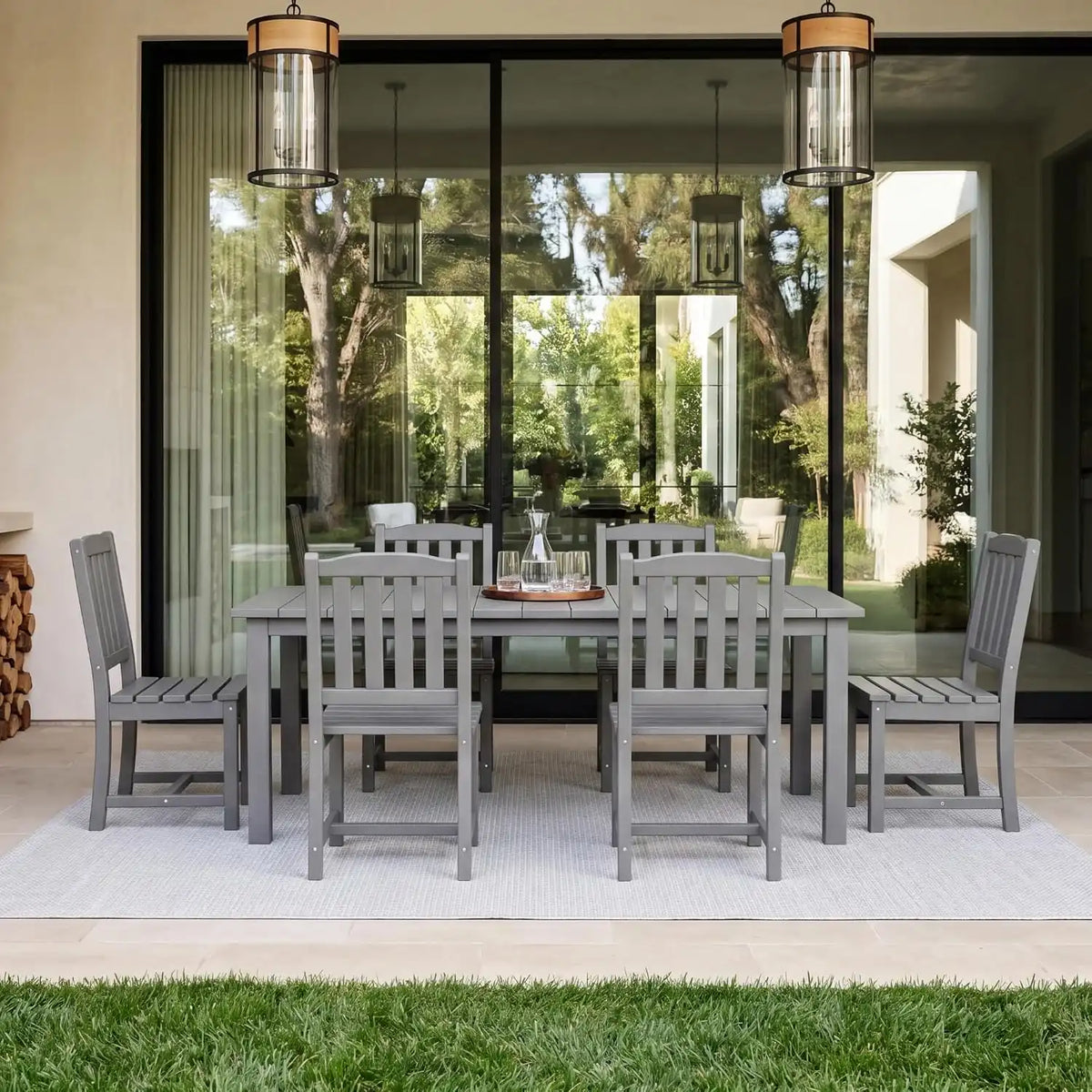 Perli™ 7-Piece Outdoor Dining Set, All-Weather HDPE Patio Table and 6 Chairs with Umbrella Hole, UV-Resistant Composite Wood Dining Furniture for Deck, Backyard, Poolside, Grey