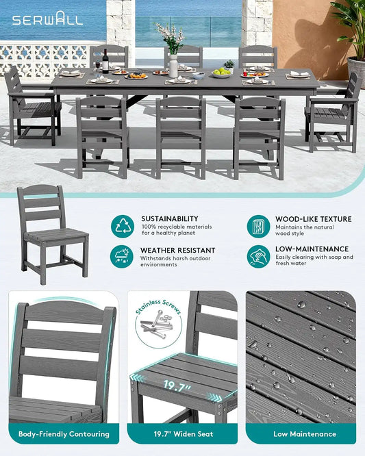 SERWALL 9Pcs HDPE Outdoor Dining Set w/6 Armless, 2 Armchairs for 8,Gray