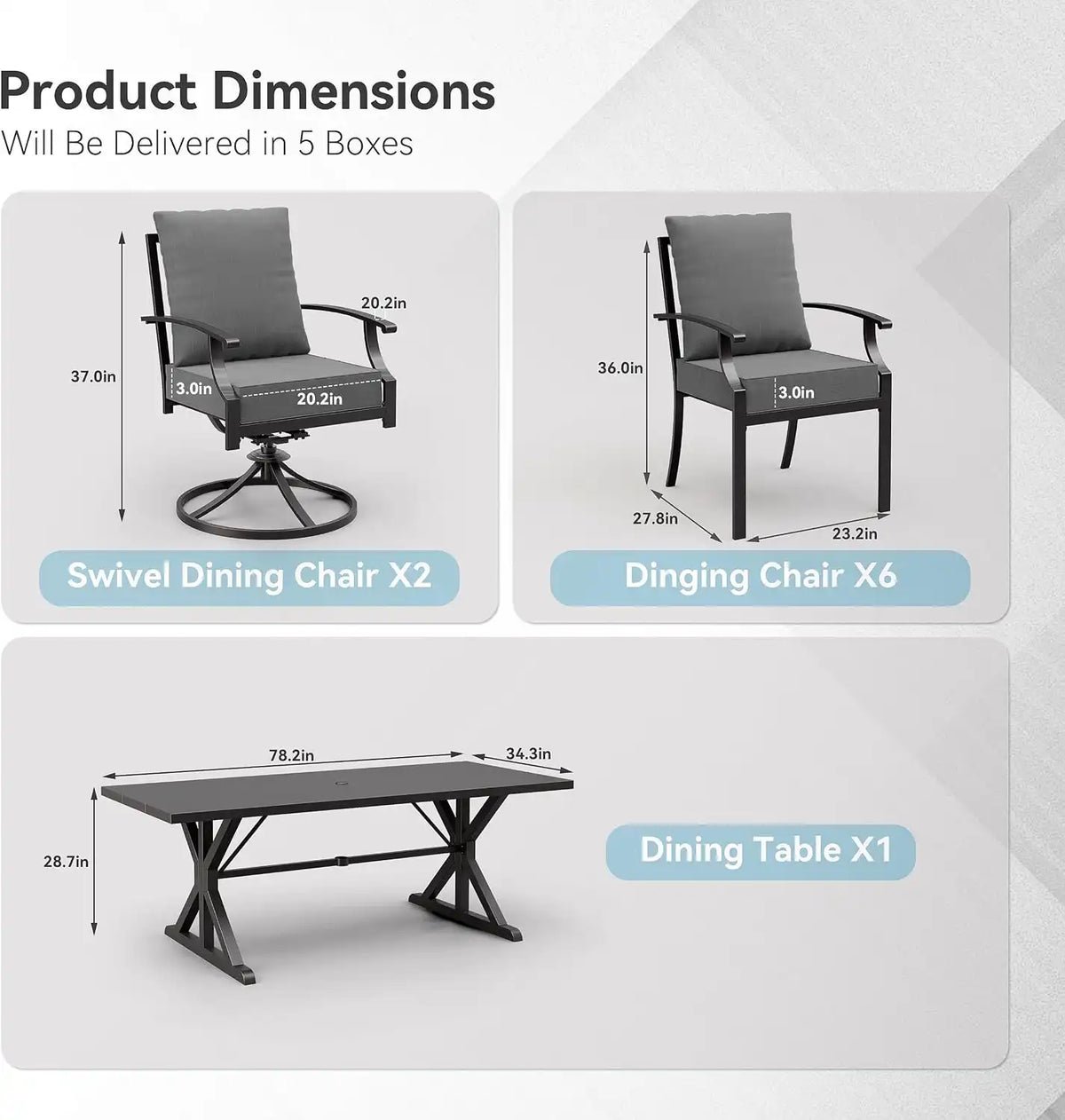 ALAULM 9-Piece Patio Dining Set,Outdoor Metal Dining Set with 2 Swivel Chairs & Rectangle Table with 1.5 Umbrella Hole, Patio Dining Table and Chairs for Backyard,Grey